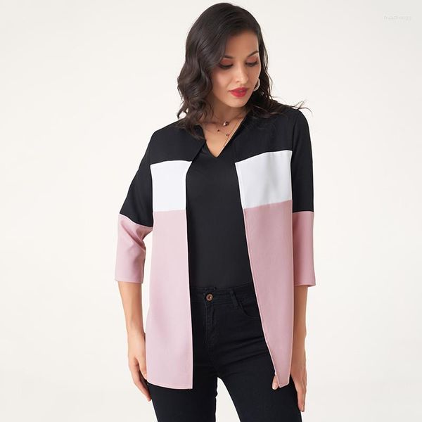 Damenanzüge Schöner Frühlings-Herbst-Frauen-dünne Strickjacke-Jacken-Mantel-Rosa-Schwarz-Weiß-Patchwork-süßer Dreiviertel-Langarmanzug