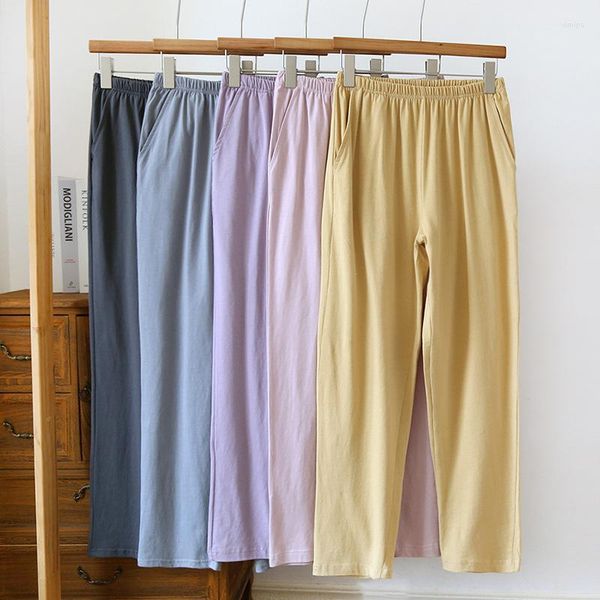 Roupa de dormir feminina Calças de pijama de algodão liso com cintura elástica Calças largas para dormir masculinas e femininas soltas e confortáveis