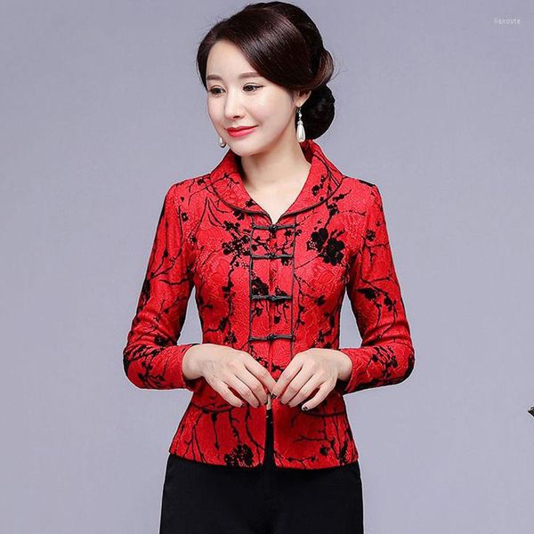 Ethnische Kleidung Cheongsam Damen Plus Size Tops 2023 Frühling Baumwollmischung Drucke Traditioneller chinesischer Stil Red Tang Kostüm Qipao Shirts