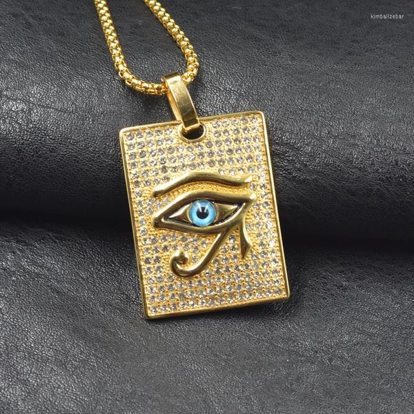 Anhänger Halsketten Hip Hop Rock Vollzirkon Bling Out Gold Farbe 316L Edelstahl Horus Augen Quadratische Halskette Für Männer Rapper Schmuck