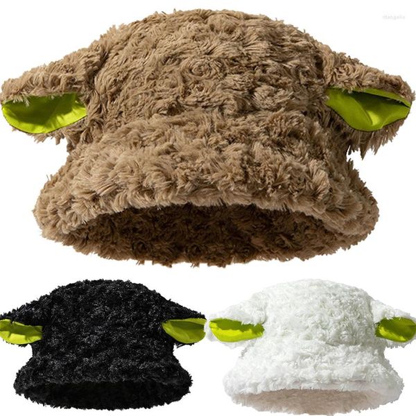 Boinas 2023 Sweet Lolita Cute Sheep Ear Plush Bucket Hat For Women Girls Cosplay Lamb Wool Winter Warmer Headwear Decoration