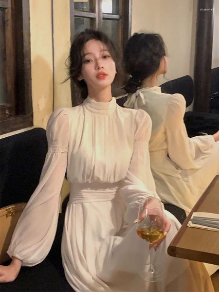 Vestidos casuais primavera gola alta vestido midi branco feminino manga longa francês elegante uma peça moda coreana design de roupas Y2K
