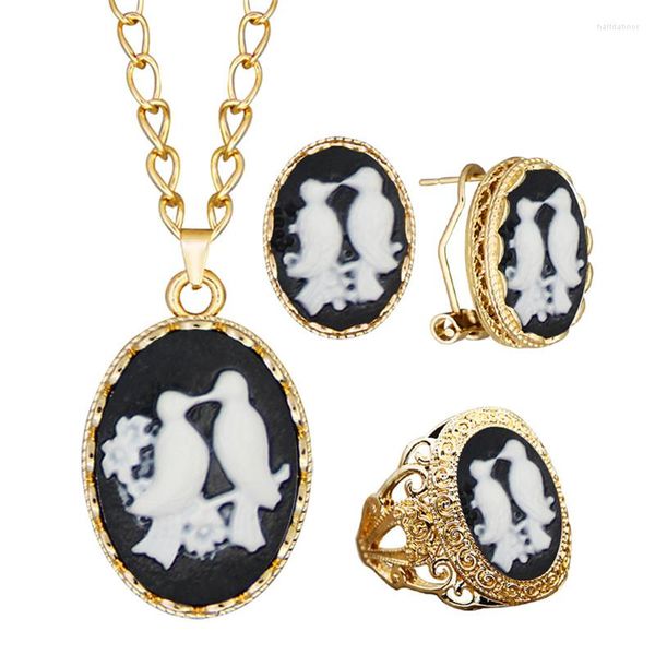 Halskette Ohrringe Set Oval Niedliche Tauben Cameo Sets Für Frauen Gold Farbe Harz Vogel Ohrring Ring Modeschmuck