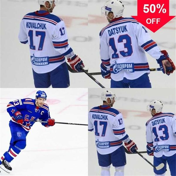 Mag Mit #13 Pavel Datsyuk KHL CKA São Petersburgo 17 Ilya Kovalchuk KHL Masculino Juventude Costurado Camisas de Hóquei no Gelo Bordadas Branco Azul