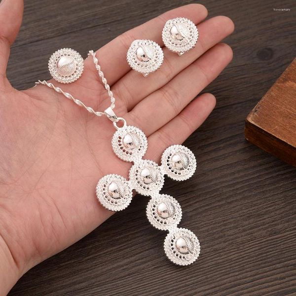 Collana Orecchini Set Etiope Placcato Argento Nuziale Croce Anello Regali Gioielli da sposa per le donne