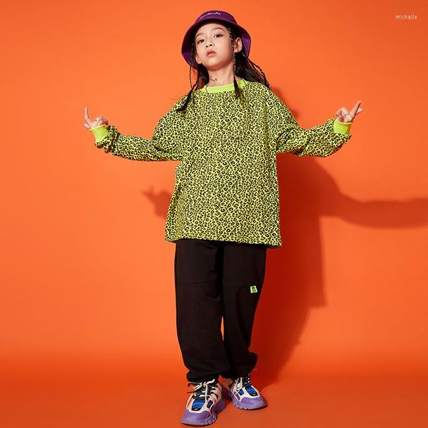Abbigliamento da palcoscenico Abbigliamento hip-hop per bambini Felpa con stampa leopardata T-shirt oversize Pantaloni da jogger per ragazzi Vestiti per costumi da ballo jazz