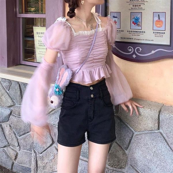 Camicette da donna HOUZHOU Y2k Camicetta in chiffon rosa Donna Vintage Moda coreana Manica a lanterna Belle camicie ritagliate Top corto estetico sottile