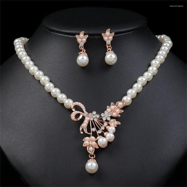 Colar Brincos Conjunto Charm White Pearl Cristal Gem Drop Pendente Brinco Jóias Casamento Para Mulher Elegante Nupcial Banquete Acessórios