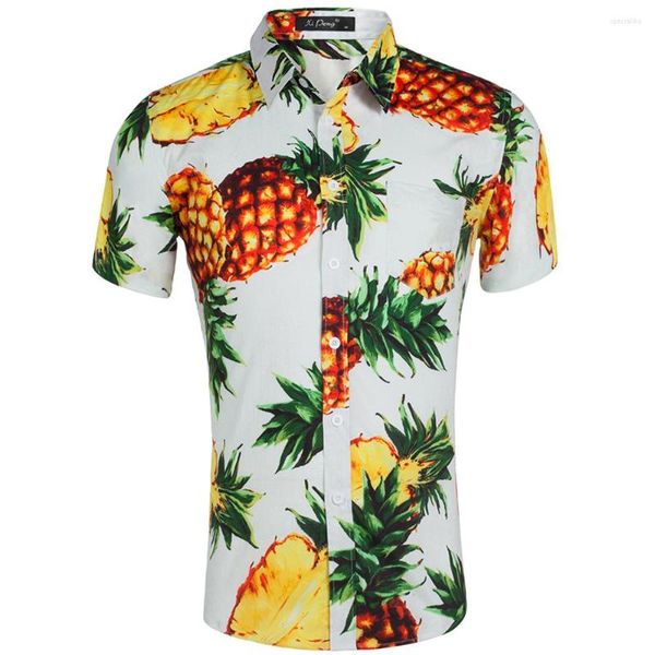 Herren-Freizeithemden, große Größe, Baumwoll-Popeline-Stoff, mit Blumenmuster, Hawaii-Hemd, US-Kurzarm, mit Knöpfen, Ananas-Oberteil, Jungen