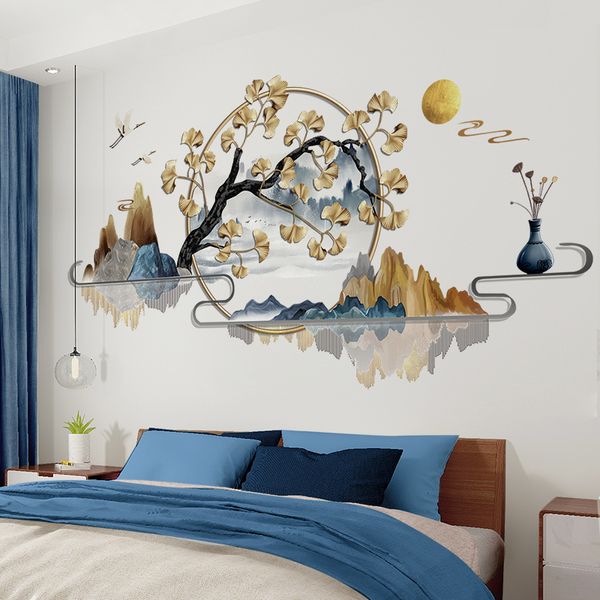 Adesivi murali shijuekongjian Fiumi Montagne DIY Ginkgo Tree Decalcomanie murali per soggiorno Camera da letto Cucina Decorazione domestica 230603