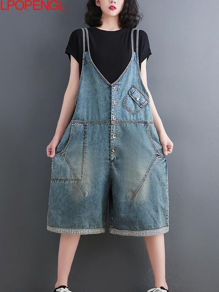 Jeans Kurze lässige Vintage-Overalls für Frauen, Spaghettiträger, Playsuits, weiblich, ärmellos, weites Bein, Denim, knielang, Playsuits für Damen