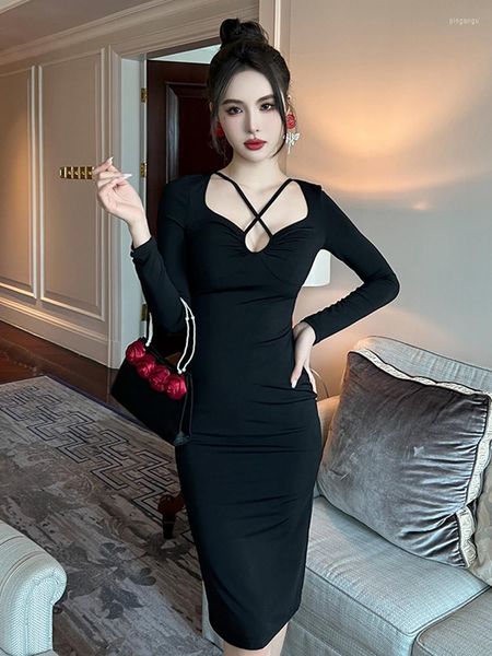 Повседневные платья Высококачественные весенние осенние женские вечерние платье черное шикарное сексуальное пустое Bodycon Midi Party Club выпускной выпускной