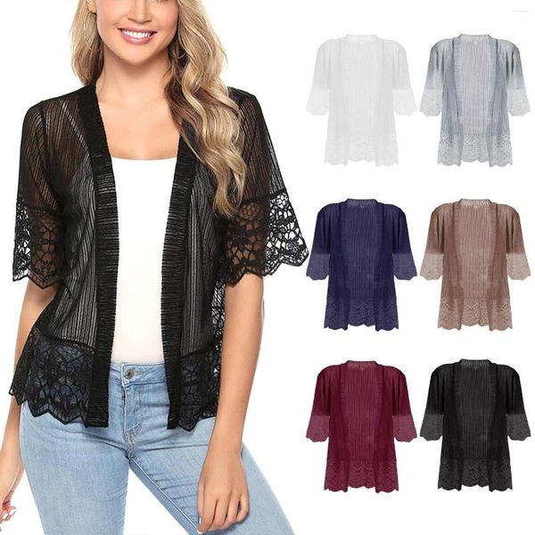 Damenblusen, Damen-Sommer-Sonnenschutzmantel, Spitzen-Cardigan, durchsichtiges Hemd, weibliche Blusen-Tops für Damen, Überzüge, Blusa, weiß, Y2K-Koreanisch