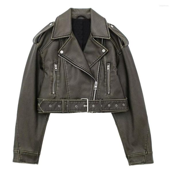 Frauen Leder 2023 Mode Motorrad Spicy Girl Künstliche Anzug Jacke Vintage Langarm Tasche Zipper Gürtel frauen Mantel