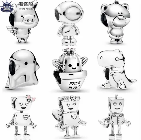 Para pingentes pandora, contas de prata esterlina Pendurar Charm Smooth Pippo The Flying Pig Free Hugs The Ghost Dinosaur Bead