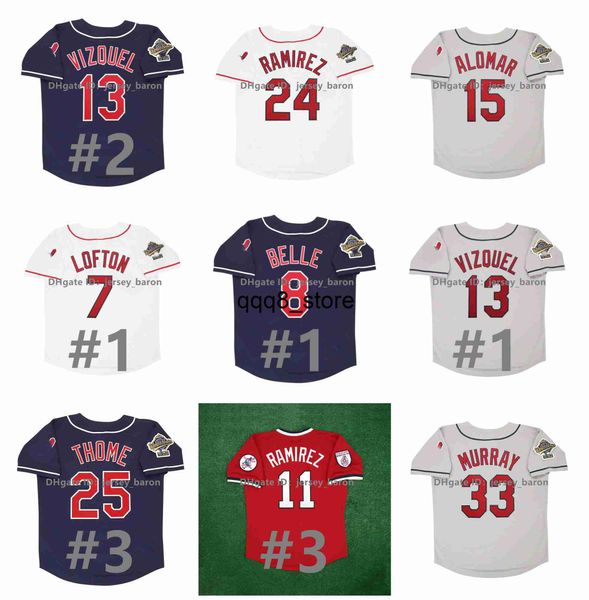 qqq8 Vintage Albert Belle 1995 World Series Manny Ramirez Camisa de beisebol Jim Thome Kenny Lofton Omar Vizquel Sandy Alomar Bob Feller Eddie Murray Sabathia Jose Rami