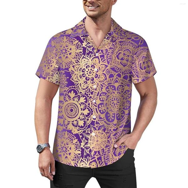 Erkek sıradan gömlekler boho mandala gömlek mor ve altın plaj gevşek hawai estetik bluzlar kısa kollu grafik büyük boy giyim