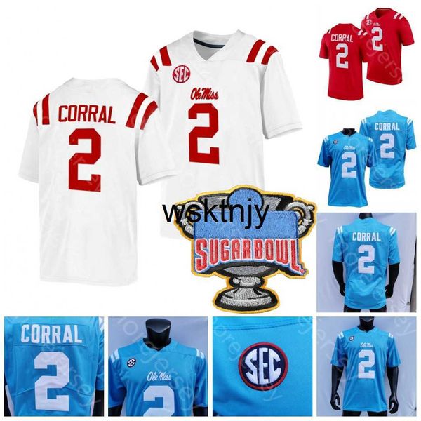 Wsk NCAA College Ole Miss Rebels Fußballtrikot Matt Corral Sugar Bowl Patch Rot Baby Blau Weiß Größe S-3XL Alle genähten Stickereien