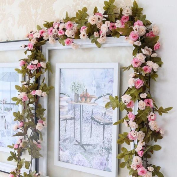 Fiori decorativi 230 cm / 91 pollici Decorazioni di nozze in rosa di seta Ivy Vine Decorazioni ad arco artificiale con foglie verdi Appese a parete Ghirlanda A0332