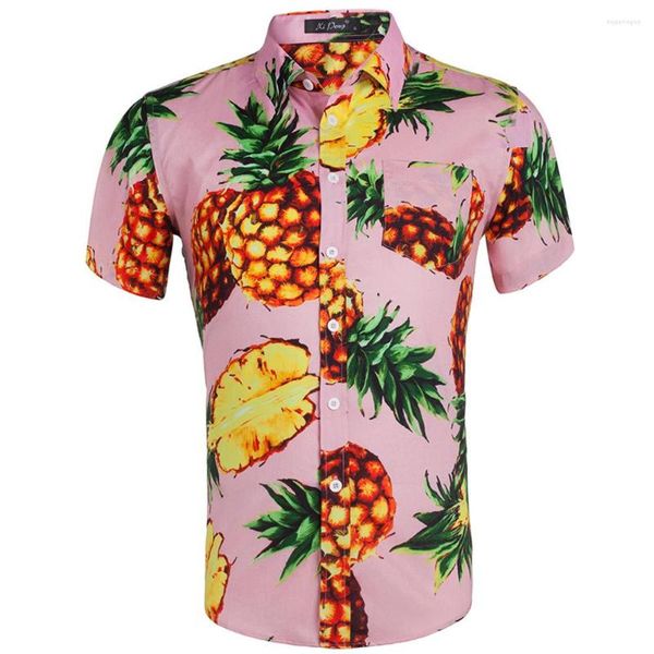 Herren-Freizeithemden, Jungen, Sommer, kurzärmelig, Baumwoll-Popeline-Stoff, mit Blumenmuster, Hemd, Knopfleiste, US-Größe, hawaiianisches Ananas-Oberteil