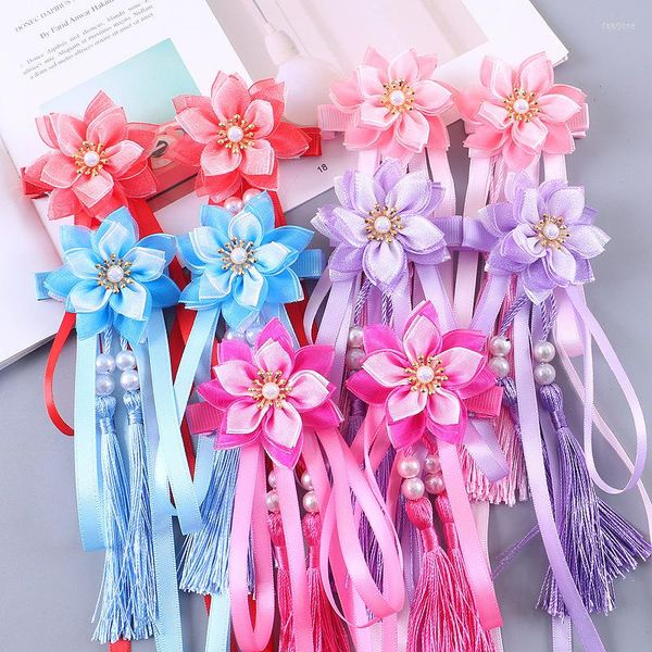 Haarschmuck 2PCS Blume Haarnadel Mädchen Quaste Band Chinesischen Stil Antike Han Kleidung Kinder Clips