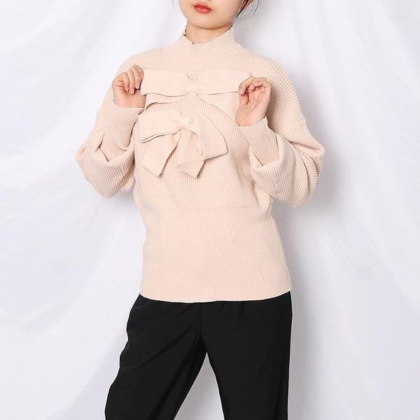 Maglioni da donna Brand Design Inverno Donna Donna Dolce Moda Colletto rialzato 3D Bow lavorato a maglia Maglione pullover bianco rosa 2023 Maglione