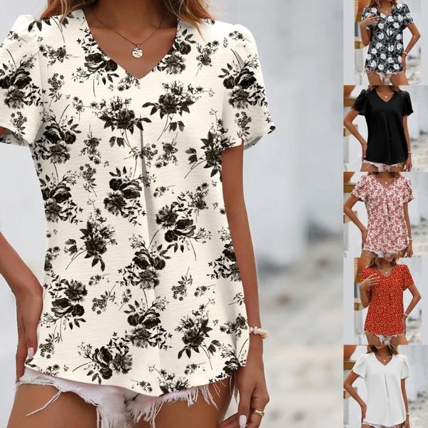 Blusas femininas estilo verão decote em V padrão camisas estampadas mangas bufantes tops sensuais para escritório formal