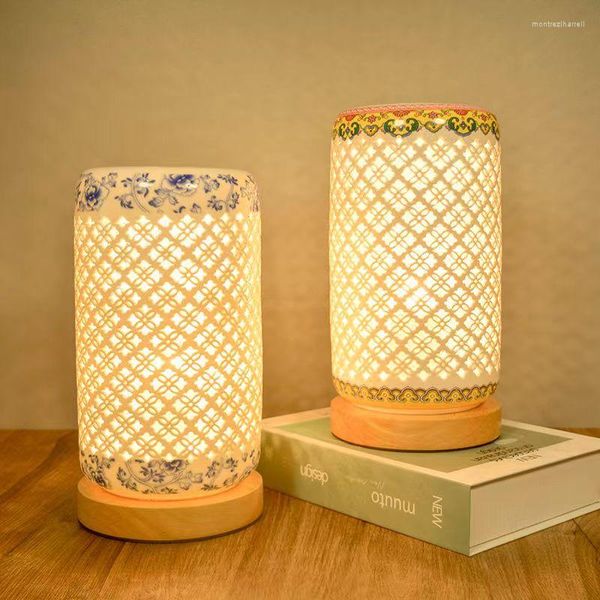 Lâmpadas de mesa clássicas ocas lâmpada de cerâmica para sala de estar quarto cabeceira luz noturna base de madeira vintage luzes de mesa