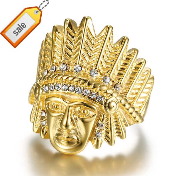 Anello capo capo indiano Hiphop Anelli placcati oro cristallo per uomo