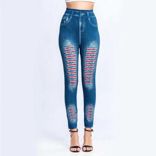 Calças ativas casuais para mulheres leggings jeans elásticos com estampa de listras térmicas imitação de jeans calças de caminhada para trabalho