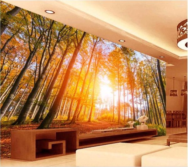 Papéis de parede personalizados mural 3d papel de parede imagem outono luz do sol madeiras sala de estar decoração pintura murais de parede para paredes 3 d