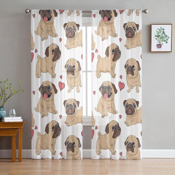 Vorhang Mops niedlichen Herz Hund Cartoon Design Tüll Vorhänge für Wohnzimmer Schlafzimmer Küche Dekoration Chiffon Sheer Voile Fenster