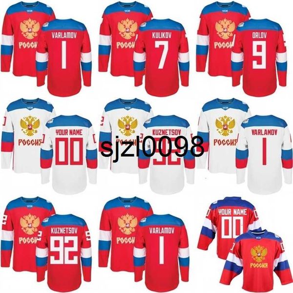 Sj98 2016 World Cup Team Russia Men's Hockey Jerseys 9 Orlov 7 Kulikov 1 Varlamov 92 Kuznetson WCH 100% Stitched Jersey Qualquer Nome e Número