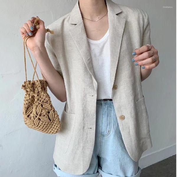 Damenanzüge Koreanischer Stil Mode Minimalismus Frauen Schwarz Weiß Lässiger Leinenblazer Kerb Kurzarm Lose Jacke Flut 2023 Sommer