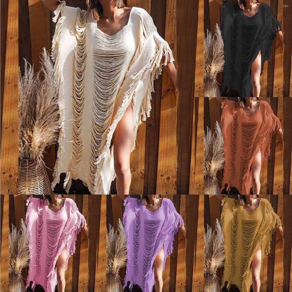 Kadın bluzları kadınların düz renkli püskül içi boş güneş örme bluz yüzme örtüsleri mayo kadınları için