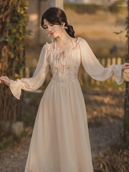 Abiti casual French Vintage Cottage Mori Girl Chic Dress Jacquard Bandage Chiffon SlashNeck Lantern Sleeve Medieval Party Vestido