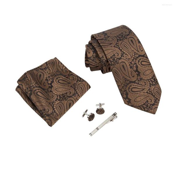 Papillon Ikepeibao Gold Men Paisley Set di cravatte a righe Pocket Square Gemelli in metallo e clip Abbigliamento formale nero Hombre geometrico