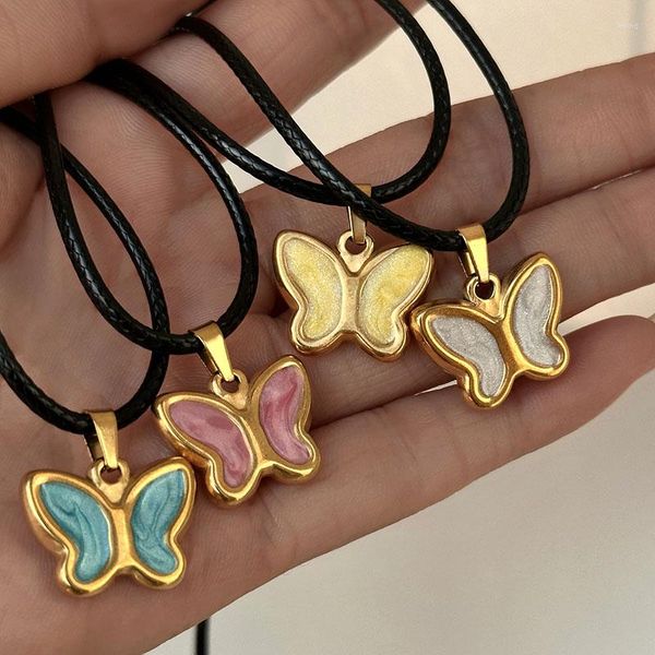 Anhänger Halsketten Emaille Schmetterling Für Frauen Edelstahl Schwarz Seil Rosa Blau Niedliche Halskette Y2k Schmuck Kinder Sommer Harajuku