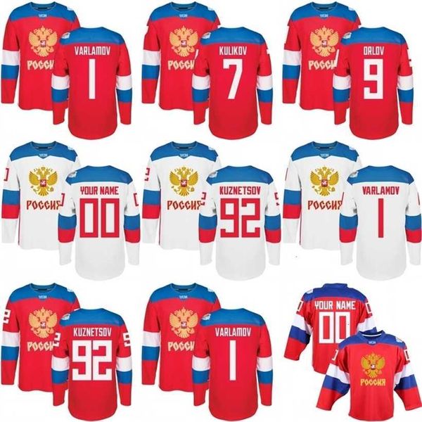 C2604 A3740 Herren-Hockey-Trikots der Weltmeisterschaft 2016, Russland, 9 Orlov, 7 Kulikov, 1 Varlamov, 92 Kuznetson, WCH, 100 % genähtes Trikot, beliebiger Name und Nummer