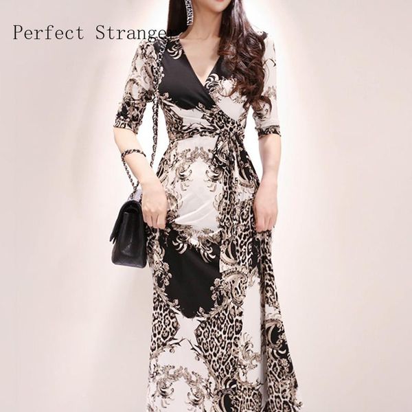 Abiti 2019 Summer Nuovo arrivo Elegante V Collar Tre Quarter Sleeve Fiore Stampato Donna Long Jag Dress