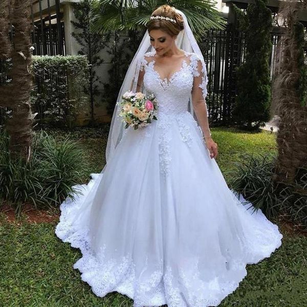 Vestidos de noiva de manga comprida de cetim branco Vestido de noiva de princesa de cristal Trem longo Boho Country Vestido de noiva 2020 vestidos de novia268u