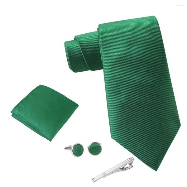 Papillon Ikepeibao Uomo Set di cravatte a righe verde brillante Fazzoletto da taschino con gemelli in metallo Clip Fit Abbigliamento formale Cravatta da esibizione