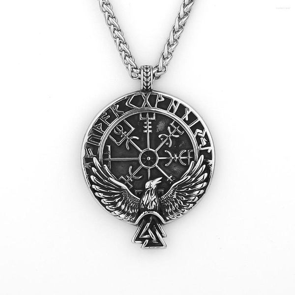 Ketten Mode Herrenschmuck Edelstahl Wikinger Vegvisir Kompass Odins Rabe Anhänger Halskette