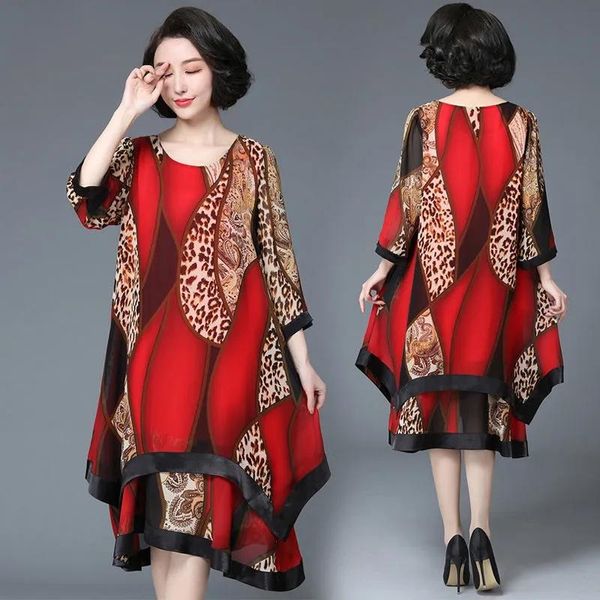 Abito 2022 Abito estivo Nuovo abito lungo con stampa Grasso femminile è sottile e ampio abito coreano in chiffon rosso Abbigliamento donna Taglia 5xl Vintage