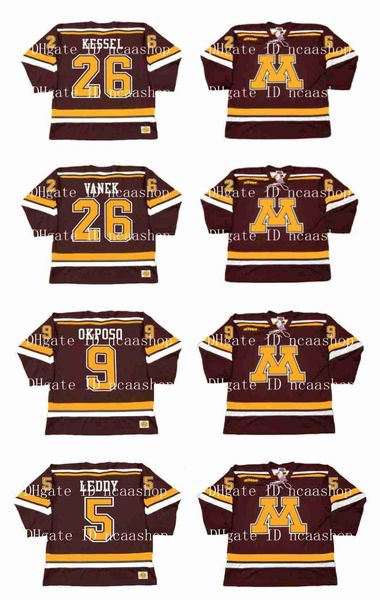 N85 Vintage Minnesota Gophers Jersey 26 THOMAS VANEK 26 PHIL KESSEL 9 KYLE OKPOSO 5 NICK LEDDY Personalizzato Qualsiasi nome Numero NCAA Hockey Maglie