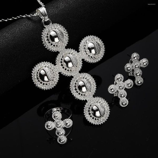 Серьги ожерелья устанавливают модный эфиопский хабеша золотой серебряный цвет кросс -подвесные ожерелья для женщин свадебные украшения