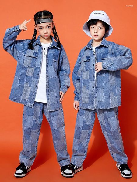 Stage Wear 2023 Bambini Abito di jeans Costume da ballo hip-hop Ragazzi Cappotto allentato Pantaloni Moda Streetwear Ragazze Jazz Performance Outfit DNV17010