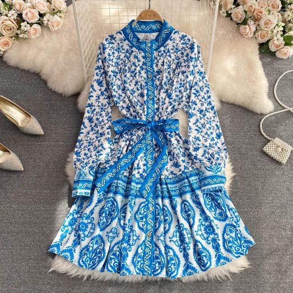 Abiti casual merchall fiore boho spiaggia mini abito donna stat collare manica lanterna manica singola petrolio a cintura su cintura da festa vestidos m8512