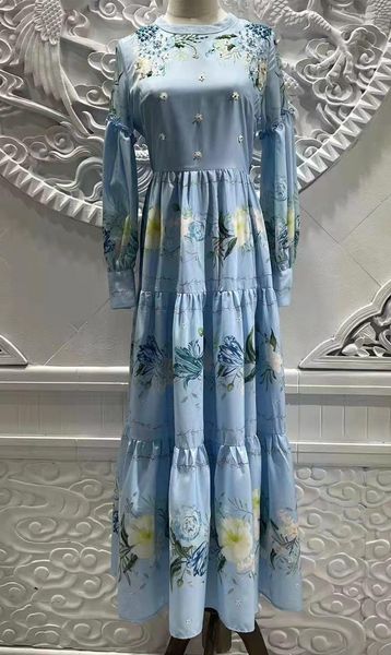 Vestidos casuais de alta qualidade 2023 primavera vestido longo feminino charmoso estampa floral miçangas manga deco azul royal festa noite senhora