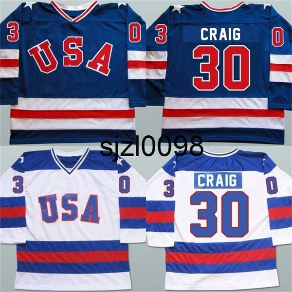 Sj98 Mens 30 Jim Craig Jersey 1980 Miracle On Ice Hockey Maglie 100% ricamo cucito Team USA Hockey Maglie Blu Bianco S-3XL